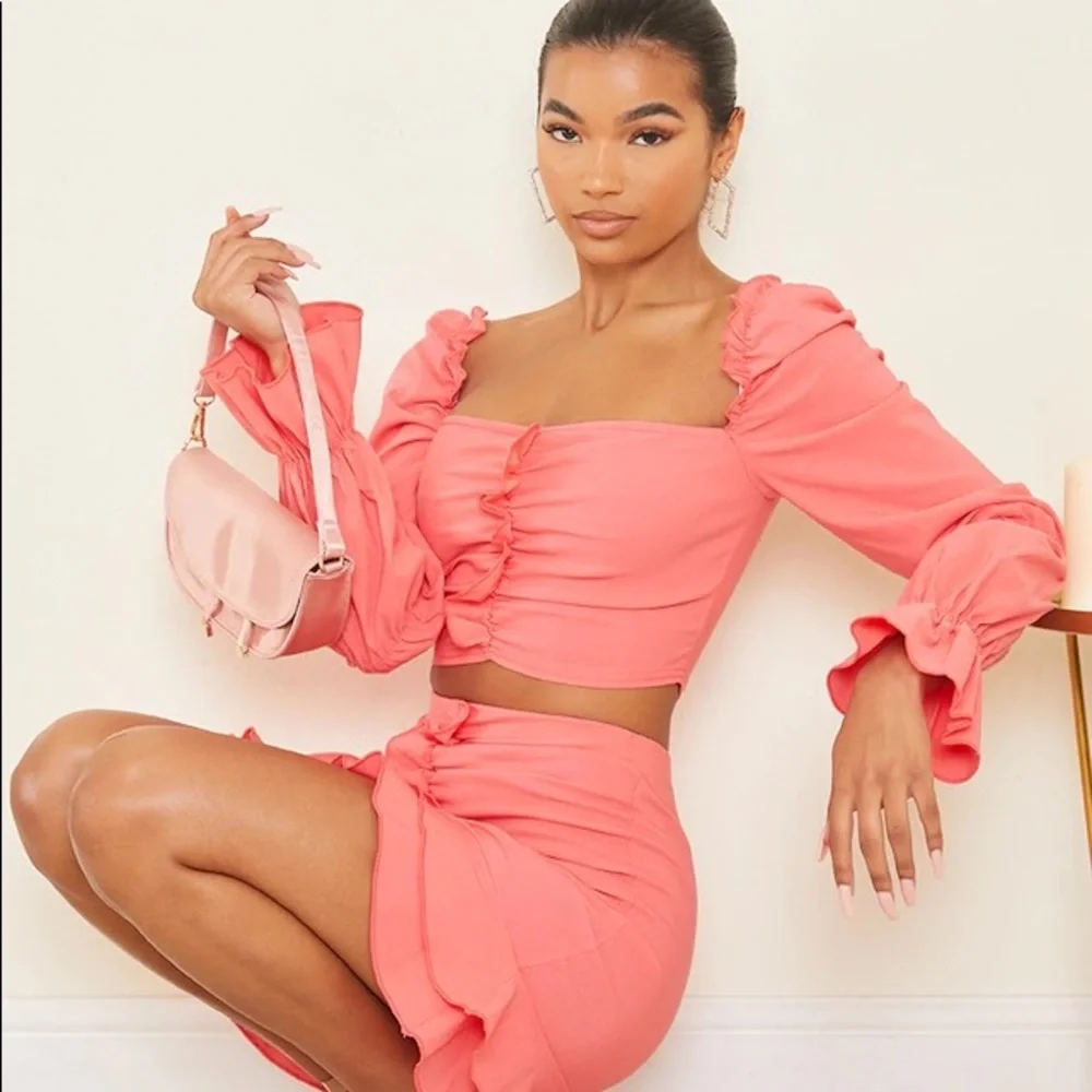 Coral Woven Frill Stretch Ruched Front Mini Skirt NEW